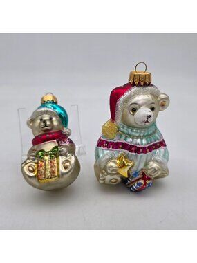 Vintage Glass Teddy Bear Christmas Ornaments Gold Caps Hand-Painted Glitter